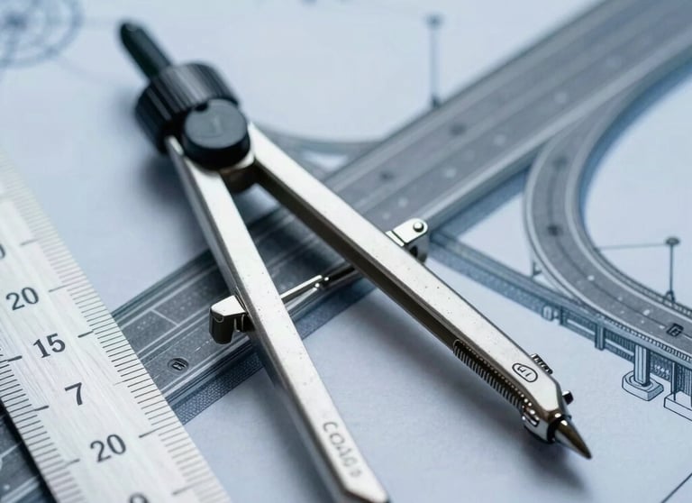 Macro photography of a professional compass and a ruler on a technical drawing of a highway interchange, with steel blue tones.