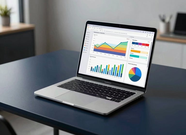 A sleek, modern laptop open on a dark navy desk. The screen shows a dashboard with colorful business growth charts. The background is a minimalist office with soft lighting. North American / US corporate aesthetic.