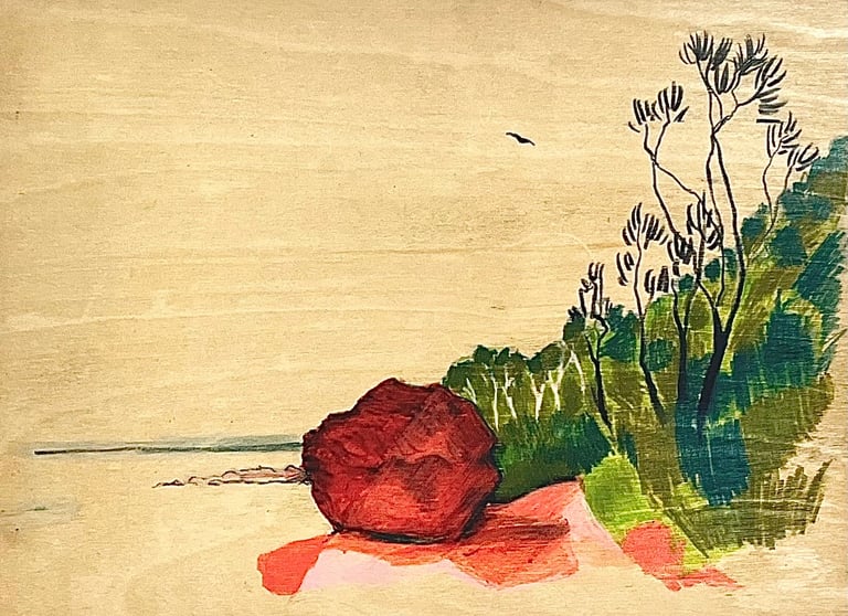 a drawing of a large red rock beside the ocean and trees in an escarpment