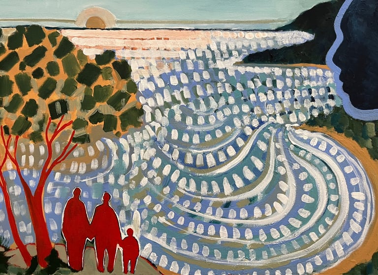 a painting of a family on a lookout over the ocean with a headland