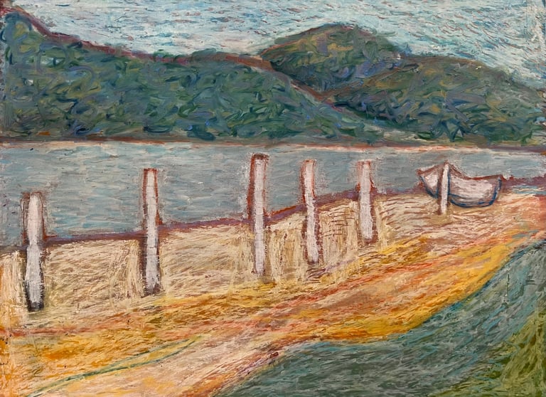 a painting of a boat on a beach