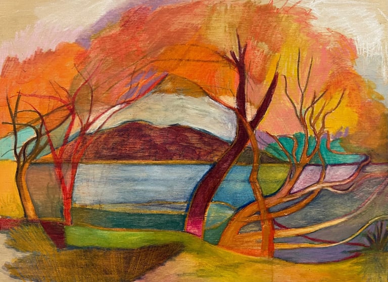 a painting of a landscape with trees and water