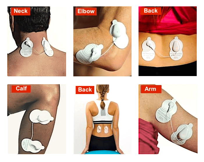 Six pictures of different applications of painmaster patches, to the neck, elbow, back, calf and arm.