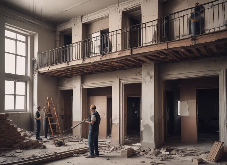 The image depicts an unfinished interior space with exposed brick walls and a concrete floor. Construction materials such as wooden boards, buckets, and other building supplies are scattered around the room. There is a partially opened doorway leading to another room, highlighting the ongoing renovation process.