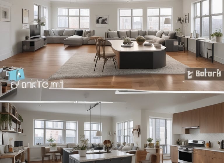 A large advertisement painted on the side of a building promotes painting your property regularly to save money, showing a rustic house silhouette. To the left, a construction site with a demolition crane indicates possible urban development. Shipping containers and a rooftop are visible, suggesting an industrial area.