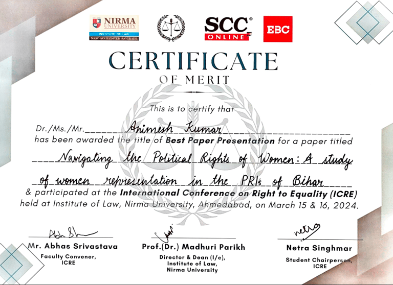 Certificate of merit for Best Paper Presentation at International Conference on Right to Equality