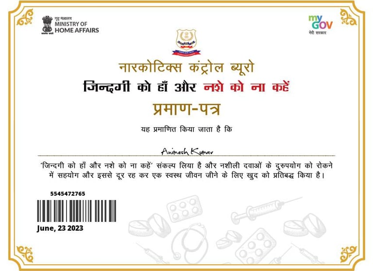 Certificate of pledge against drugs by Narcotics Control Bureau