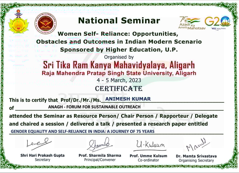 Certificate for paper presentation on Gender Equality and Self-reliance in India