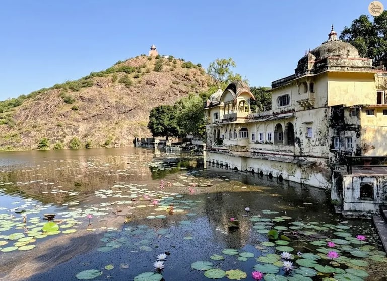 Sukh Mahal by Jait Sagar Lake in Bundi, a serene royal retreat reflecting beautifully over calm waters.