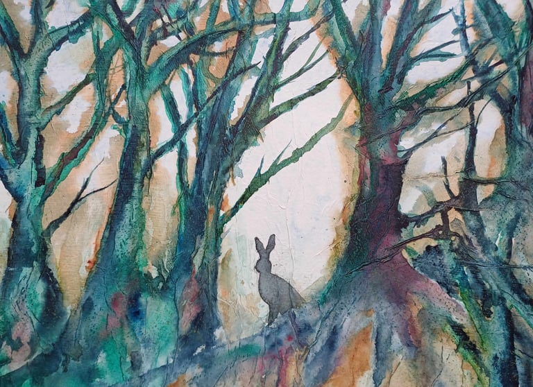 a mixed media painting of a rabbit in a woodland.