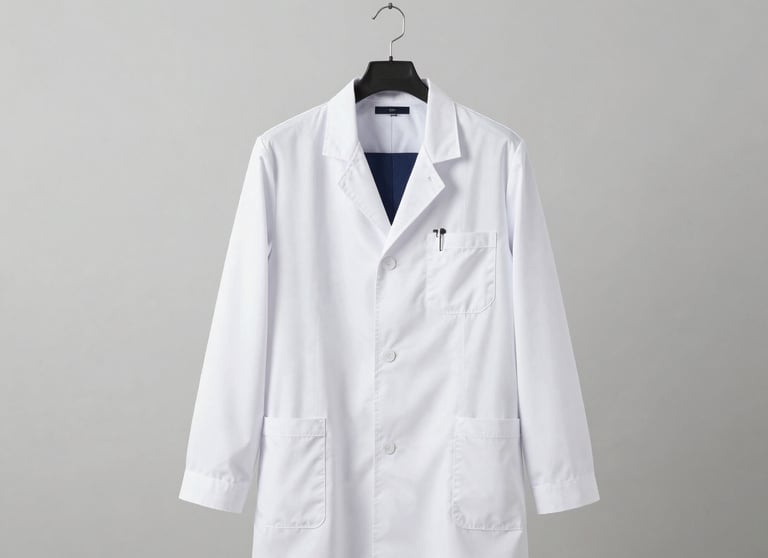 Professional white lab coat for doctors and medical staff hanging on a hanger against a gray background.