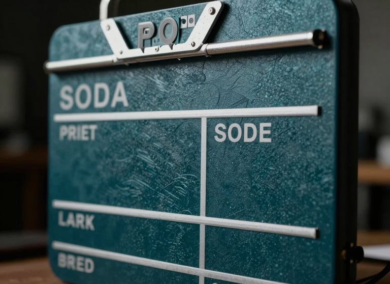 A professional artistic photograph of a film set with a focus on deep teal colored textures and silver metallic highlights. The lighting is cinematic, showcasing the professional quality of the design.