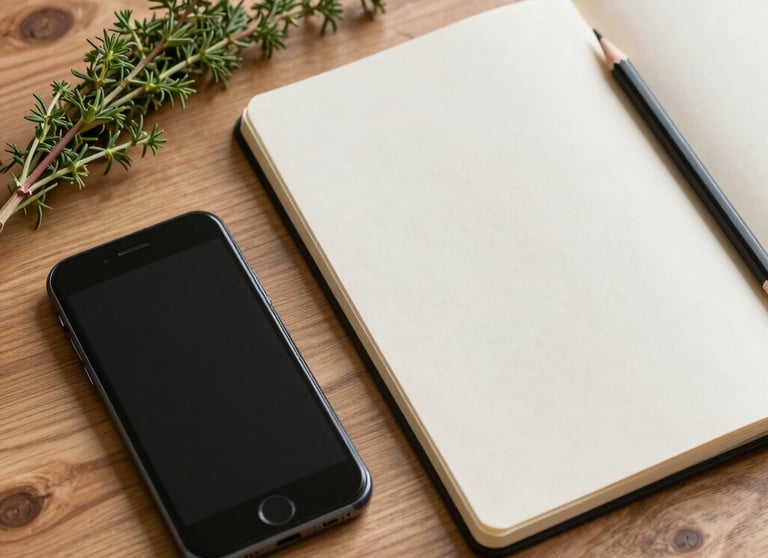 A flat lay of social media planning materials: a smartphone, a sprig of forest green herbs, and a parchment-colored notebook with a pencil on a clean wooden table.