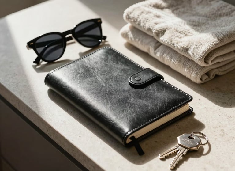 An aesthetic arrangement of modern lifestyle items: a sleek leather notebook, a pair of chic sunglasses, a neutral baby blanket, and a key ring on a beautiful stone vanity, lit by direct sunlight in a North American / US home.