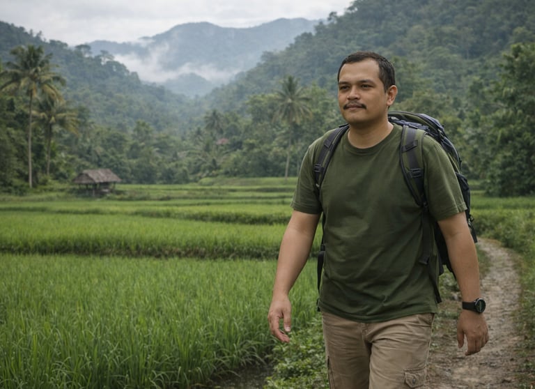 poto armando sinaga sedang berjalan di persawahan