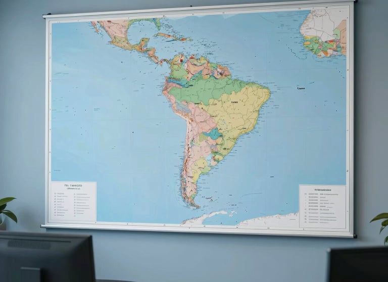 Clean and modern logistics office with a large map of South America on the wall, professional workplace photography, muted blue tones.