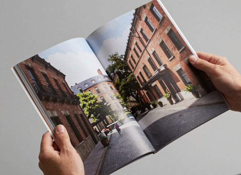 Hands holding a high-quality architectural magazine. Clean and inspiring environment.