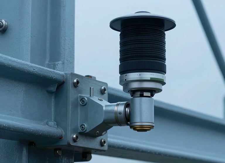Macro shot of a high-tech seismic sensor installed on a bridge joint. The focus is razor-sharp on the steel components, with mist blue industrial colors.