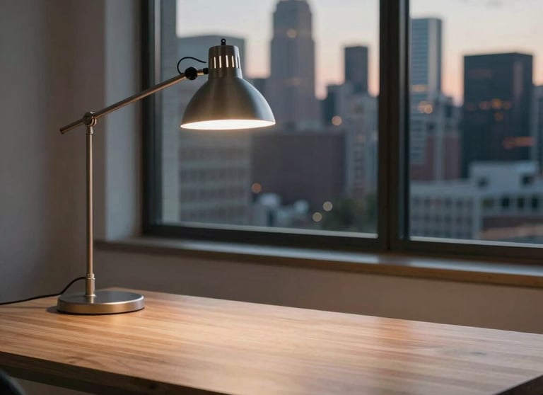 A minimalist workspace with a clean wooden desk, a high-end metal task lamp, and a large window showing a North American city skyline at dusk. The palette is muted and professional.