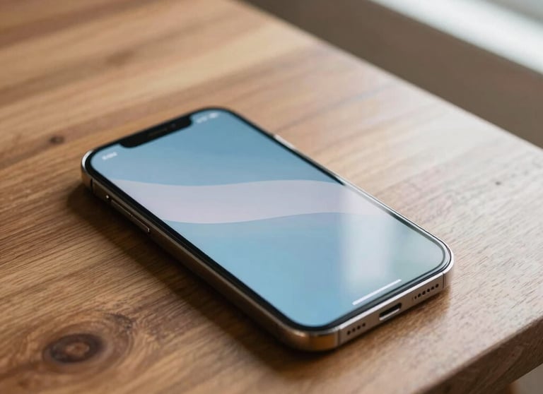 A lifestyle shot of a modern smartphone resting on a wooden table in a North American / US sunroom. The screen shows an app with functional elegance and soft blue colors.