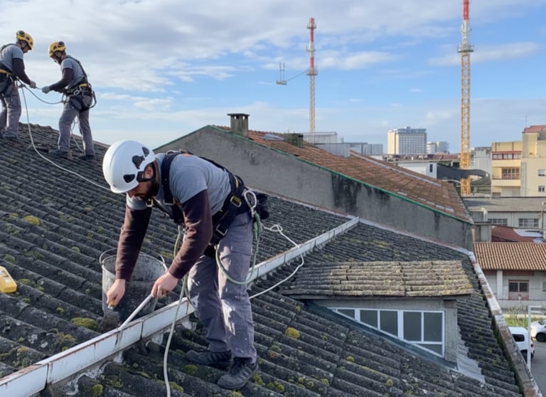 Professional roofing contractors wearing safety harnesses performing maintenance and gutter cleaning on a tiled roof.