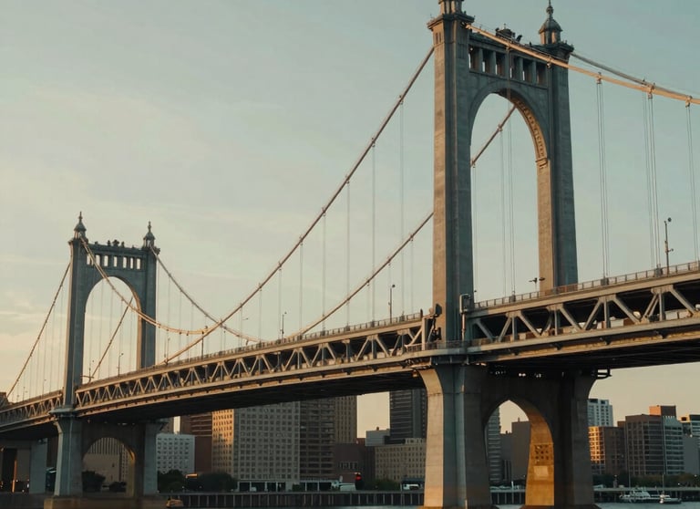Cinematic wide shot of a modern city bridge in North American / US during the golden hour. Warm light, authentic atmosphere, high-end engineering.