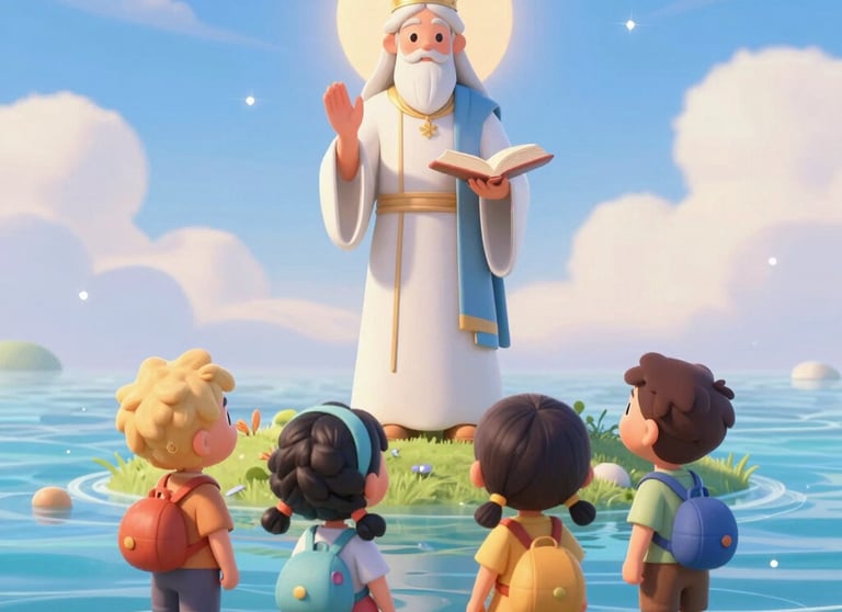 Vibrant 3D scene showing animals and plants created on the sixth day in a lush, enchanted garden.