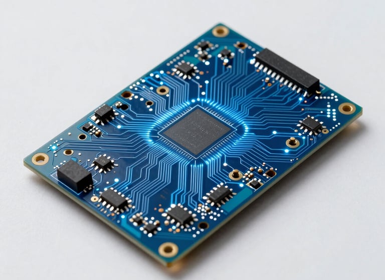 A clean, minimalist composition of an electronic circuit board with blue glowing pathways, suggesting innovation and technological depth.