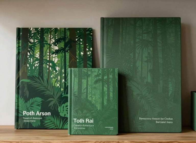 Minimalist South American / Brazilian design studio setting with forest green branding materials displayed on a clean wooden shelf.