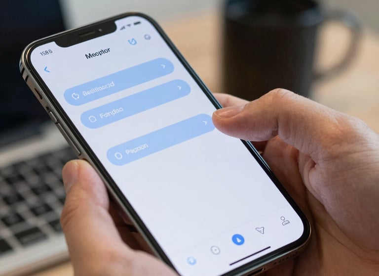 Close-up shot of a hand tapping a high-end mobile phone screen in a North American US office, featuring a clean UI with light blue buttons.