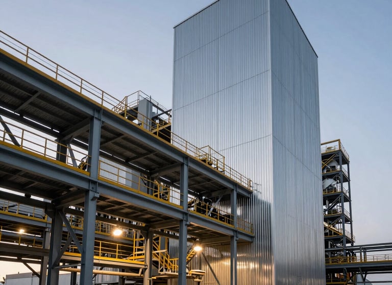Modern industrial facility with technical lighting reflecting on metal catwalks at dusk. Clean, sharp lines, South American / Brazilian industrial design.
