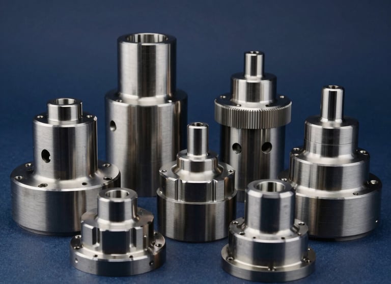 Display of various high-precision machined parts on a dark blue background. Professional studio lighting, highlighting metallic textures.