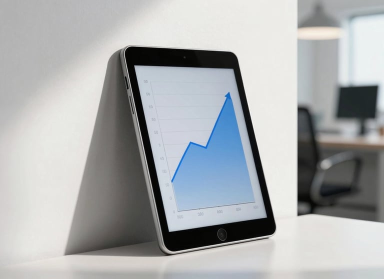 Clean photo of a tablet leaning against a wall in a bright office, showing a simple blue graph with an upward trend.
