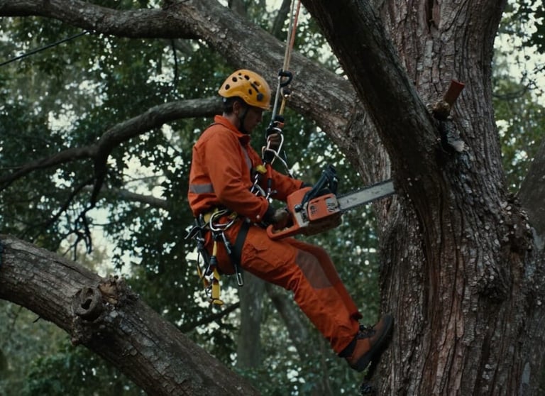An arborist up in a tree performing tree care by removing a dead branch