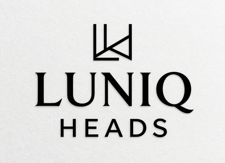 An elegant corporate logo for LUNIQ HEADS featuring minimalist geometric lines and refined sans-serif typography on a white textured background.