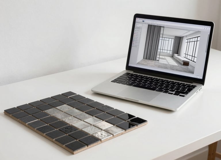 A clean, bright architectural workspace with a laptop showing a 3D model of a room, next to a palette of black and silver mosaic tiles.