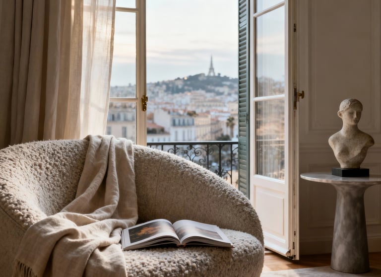 sunlit living space with a textured armchair, open window, and refined home decor in a calm interior