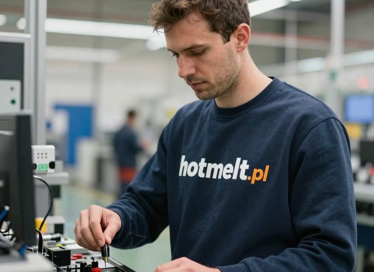 Technician performing maintenance on hotmelt adhesive machinery in an industrial plant.