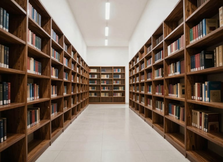 Wide shot of a modern, minimal legal library in a Brazilian building. Dark wood shelves, white walls, and bright lighting creating an atmosphere of calm and focus.