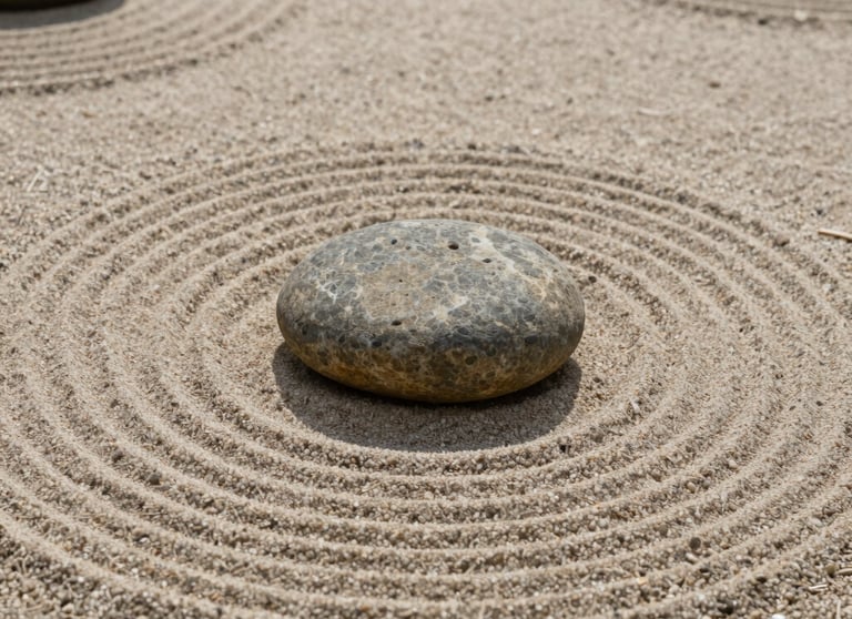 Minimalist Japanese garden with a single smooth stone resting on raked sand, representing clarity and focus in design.