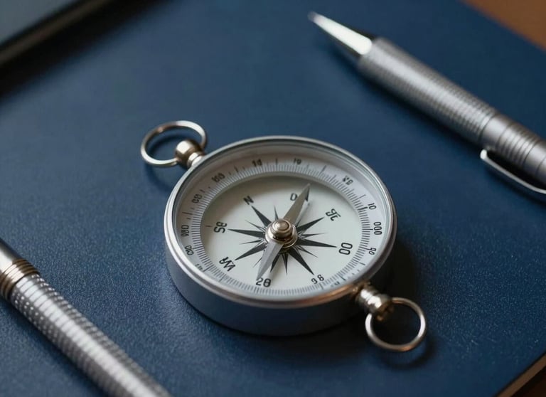 A close-up of a silver compass and professional writing tools on a dark blue surface. The lighting is focused and dramatic, suggesting precision and direction.