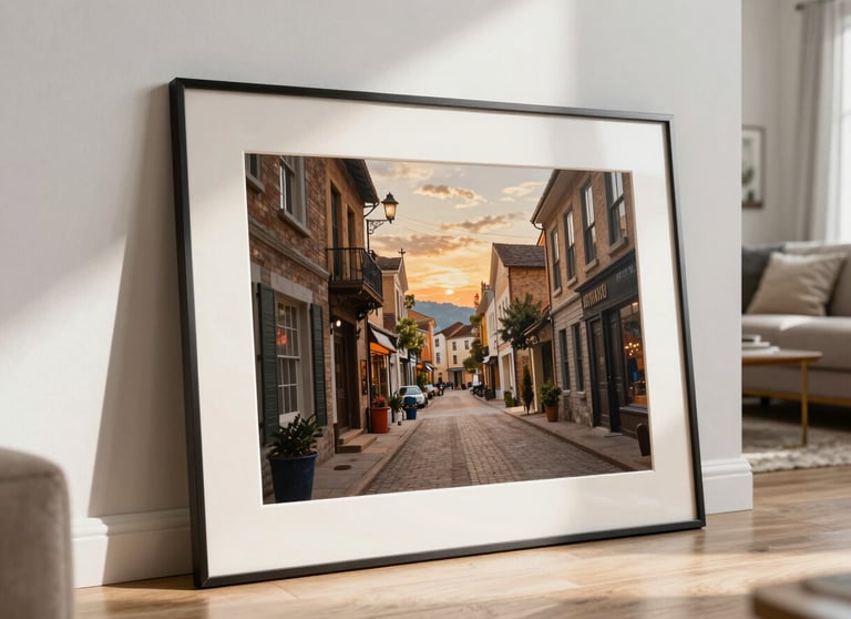 A large hand-pressed print leaning against a white wall in a sun-drenched North American living room, radiating warmth and authenticity.