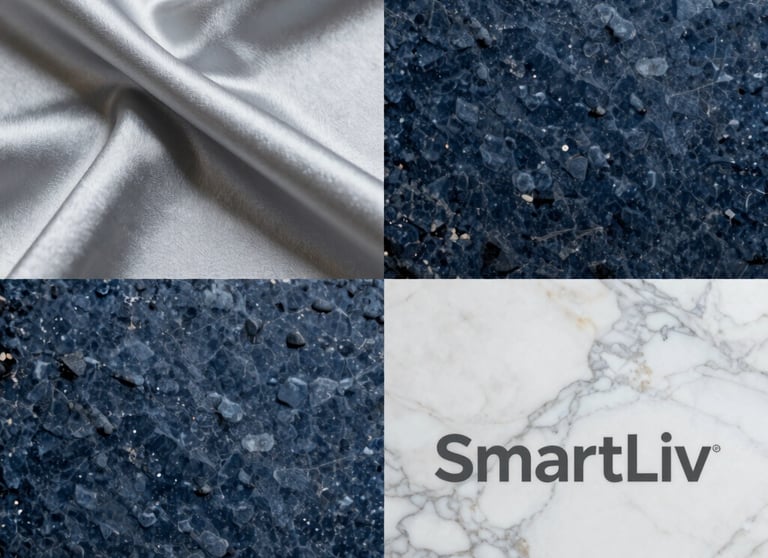 A collage showing different material textures: light silver fabric, midnight blue stone, and white marble, representing the premium materials used by SmartLiv.