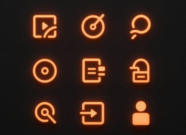 Series of minimalist icons for a tech company, glowing in orange against a matte black background, high-end digital design.