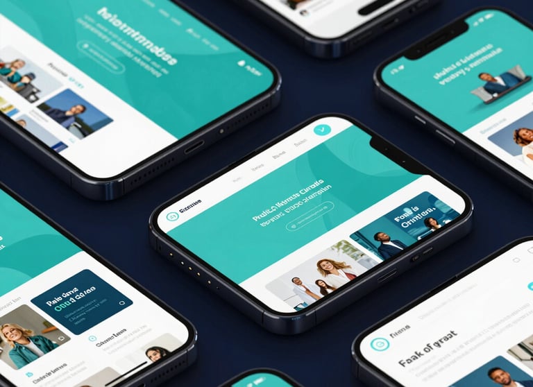 A collection of mobile devices displaying different modern web pages with vibrant turquoise and navy themes. High-end product photography.