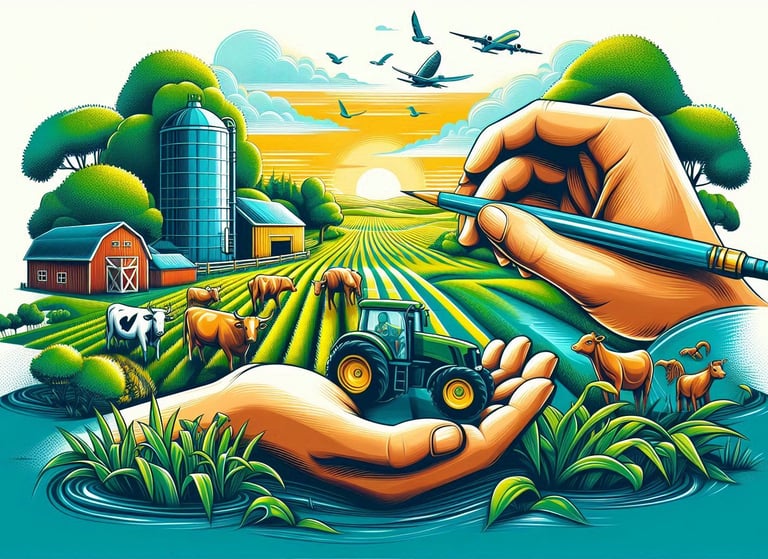 a farmland with crops and cattle with sunrise view