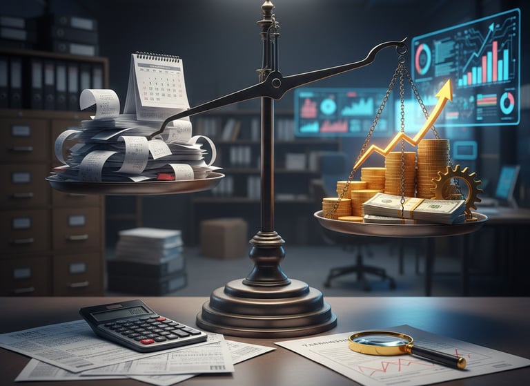 Uma balança apresentando desequilíbrio financeiro e burocrático.