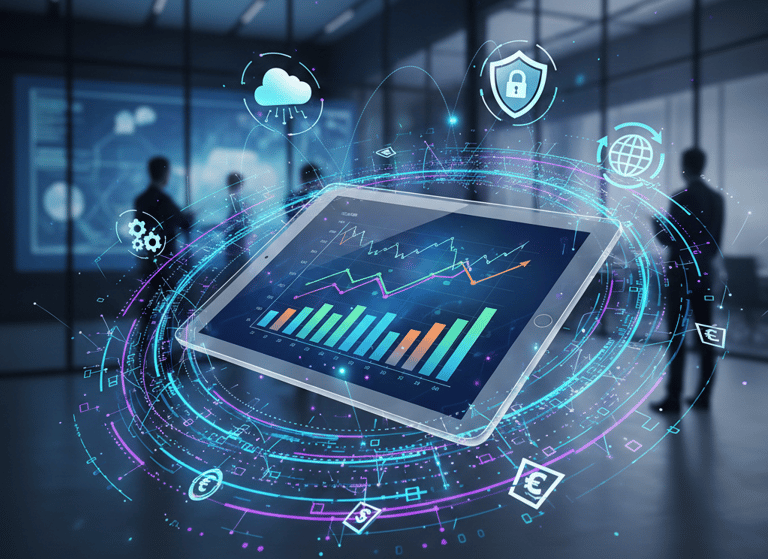 Um tablet apresentando gráficos financeiros em um ambiente moderno.
