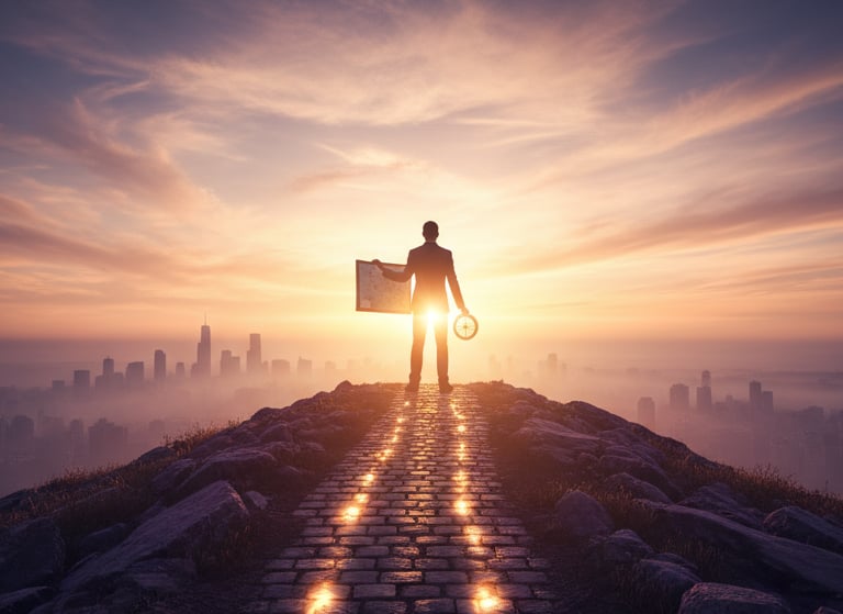 Um homem em pé em uma colina com um mapa e uma bússola.