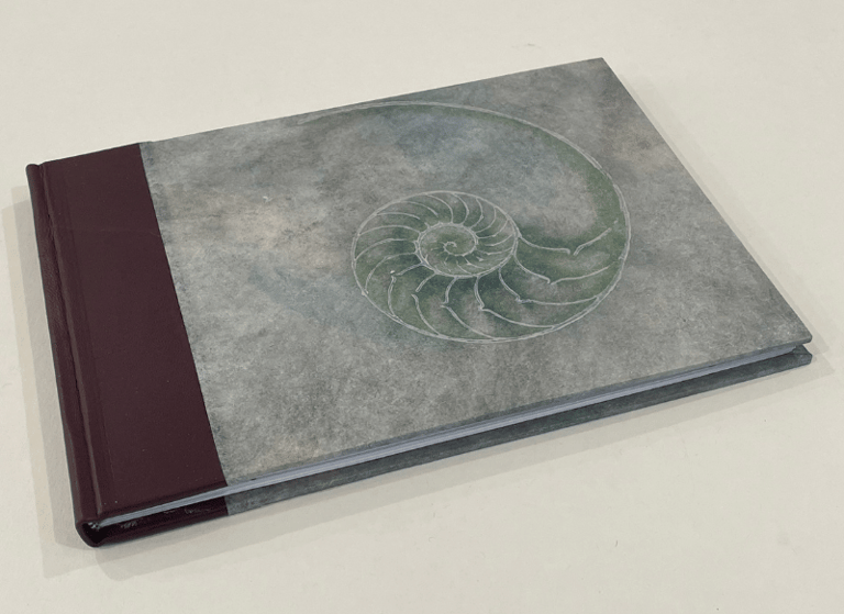 Journal with leather spine and shell design cover